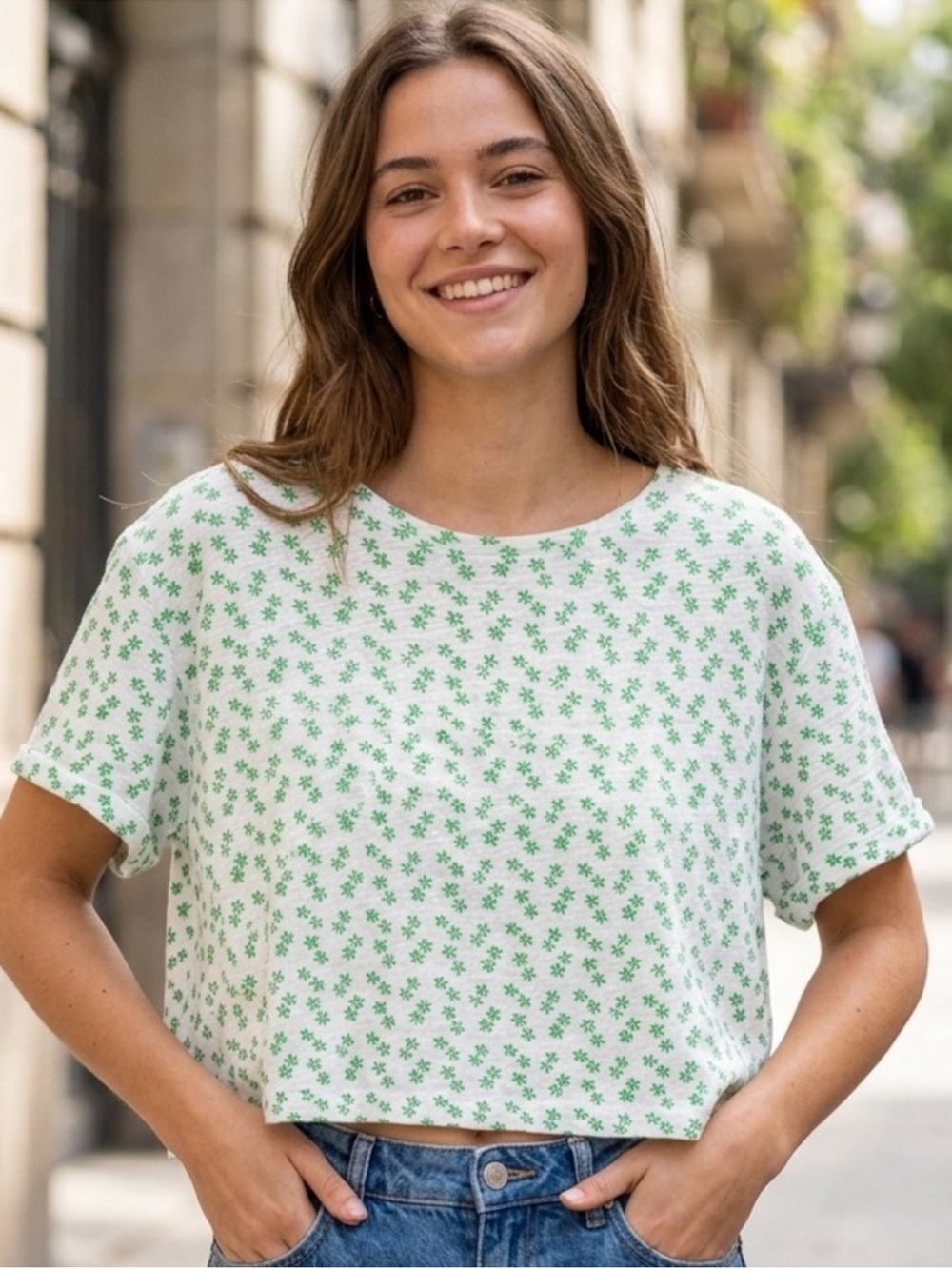 BODEN  Andrea Crop Linen Top 14 23” p2p White/Green $110 Retail NWOT